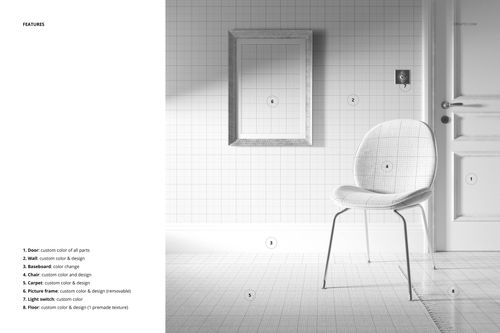 Front view of a modern room mockup featuring a white chair, blank frame, and grid-patterned wall and floor.