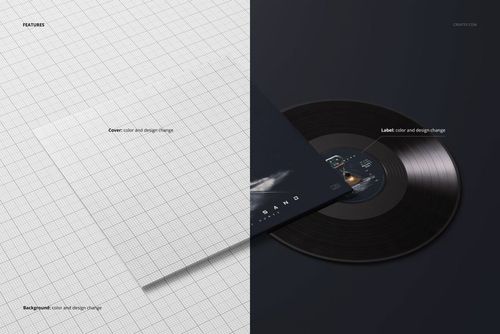 PSD mockup featuring a black vinyl record with customizable cover and label, split between grid and dark backgrounds.