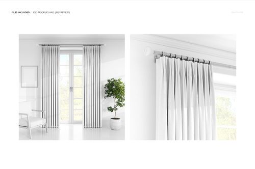 PSD mockup showing white drapery curtains on a large window, with sunlight streaming into a minimalistic living space.