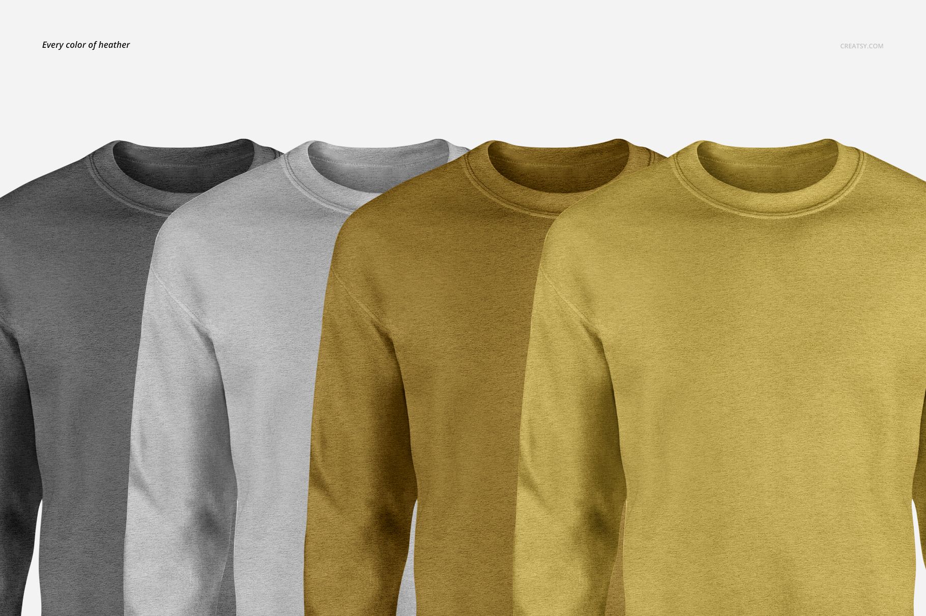 PSD mockup featuring four adult sweatshirts in neutral and yellow tones, shown in a straight front-facing arrangement.