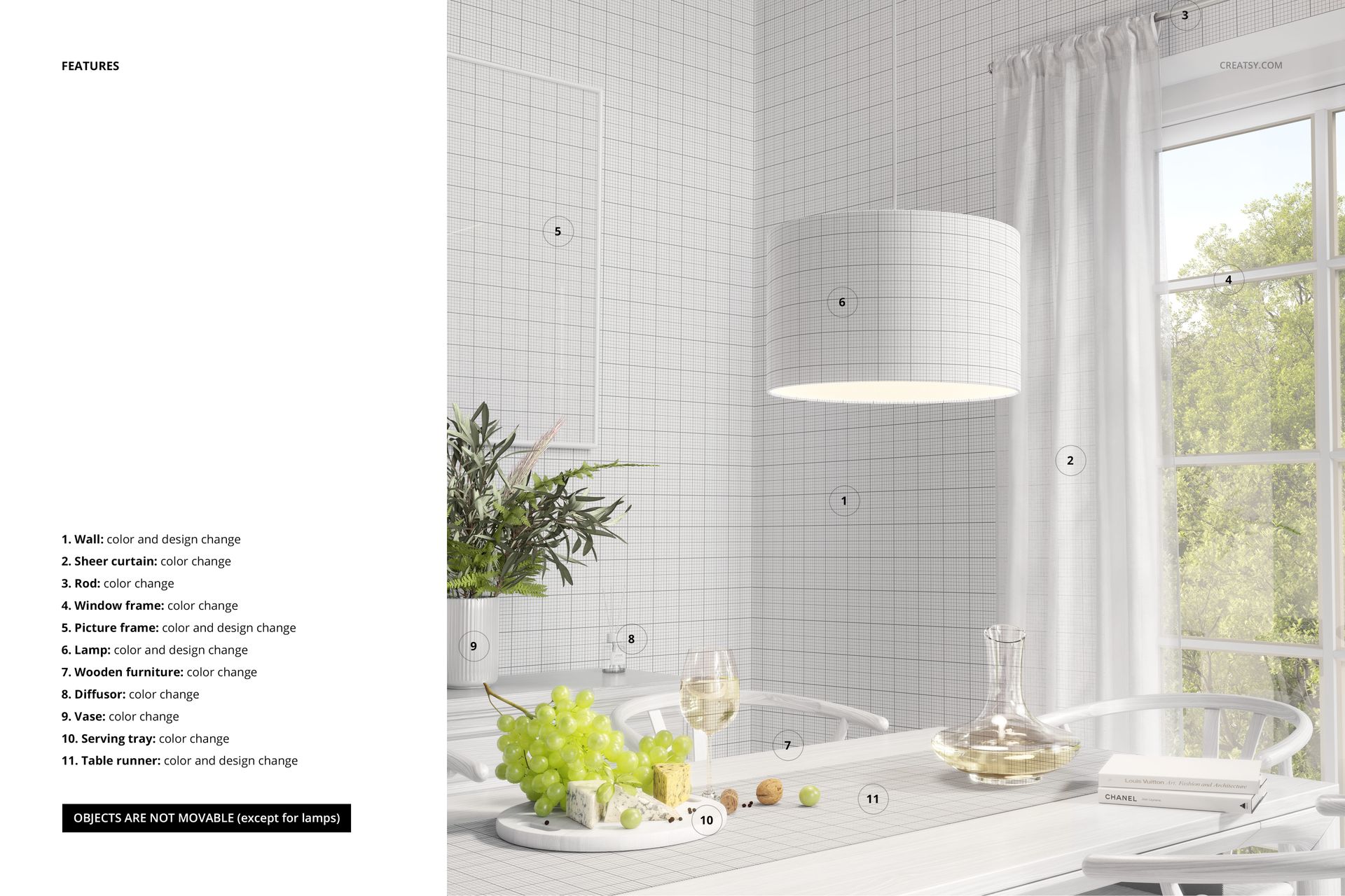 Lamp shade mockup featuring a white grid design, suspended in a bright dining area with table decor and window drapes.