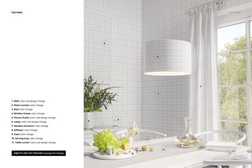 Lamp shade mockup featuring a white grid design, suspended in a bright dining area with table decor and window drapes.