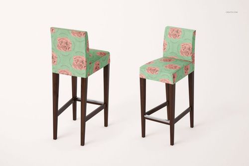 Ikea Henriksdal bar stools mockup with floral patterned upholstery in green and pink, presented in a studio setting.