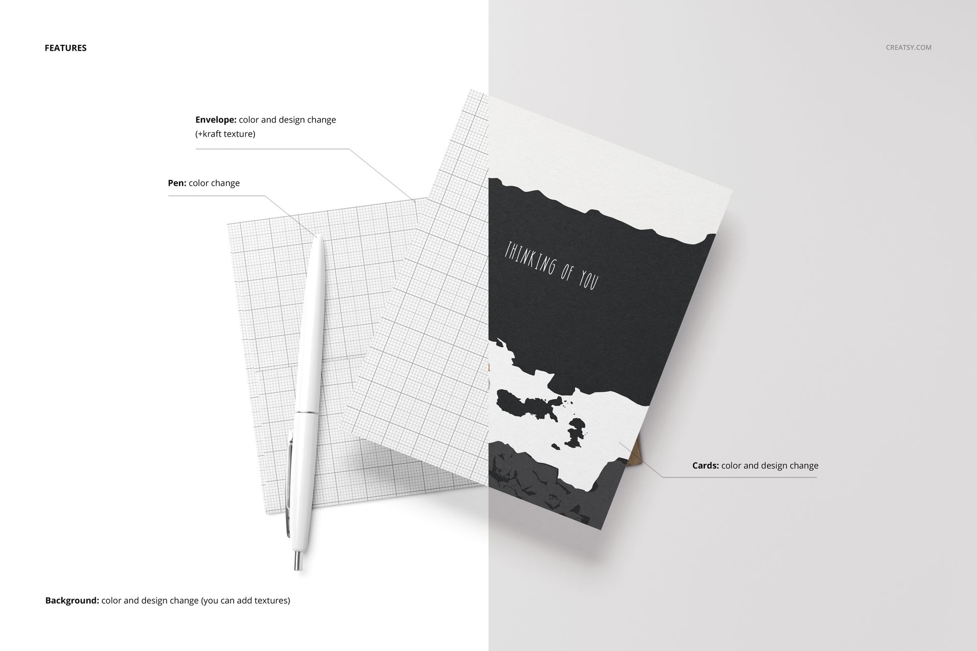 A2 card and envelope mockup set with a black and white card design, grid envelope, and white pen on a split background.