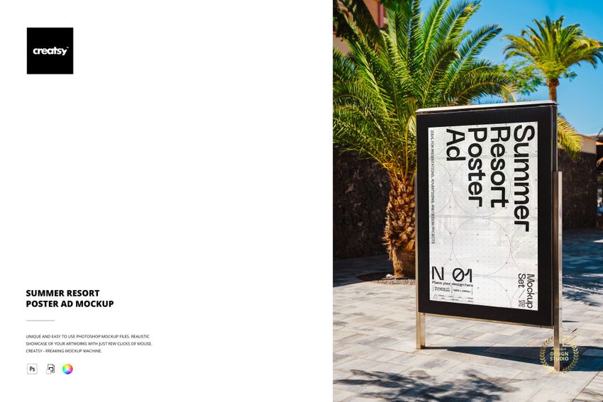 Outdoor poster mockup displayed on a sidewalk near palm trees, featuring a modern black and white design.