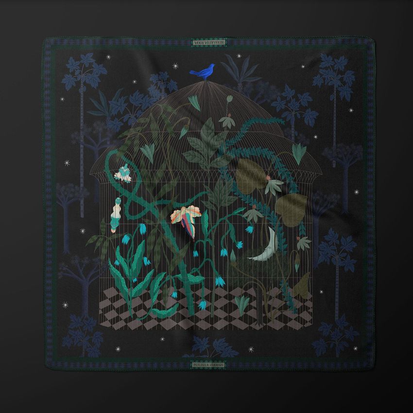 Square silk scarf mockup featuring a botanical greenhouse illustration with lush green plants, a blue bird, and dark background.