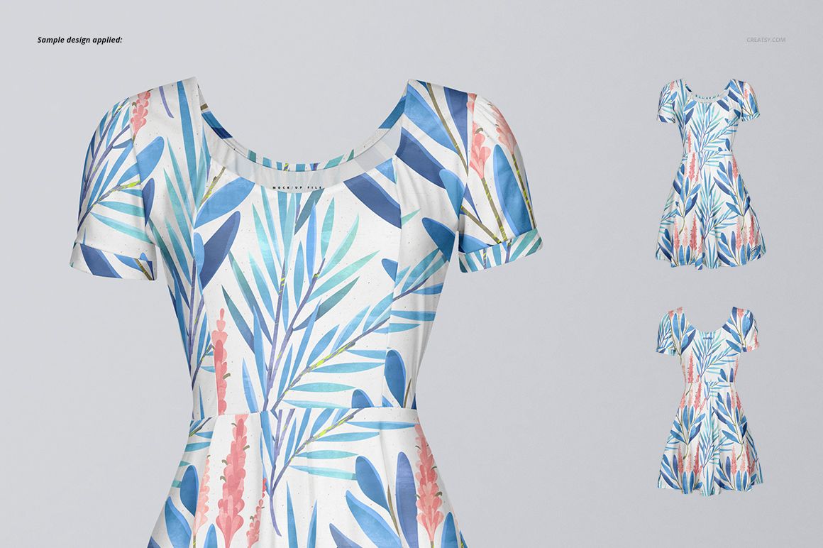 Front view of a wavy dress mockup with short sleeves, featuring a blue and pink leaf pattern on a white background.