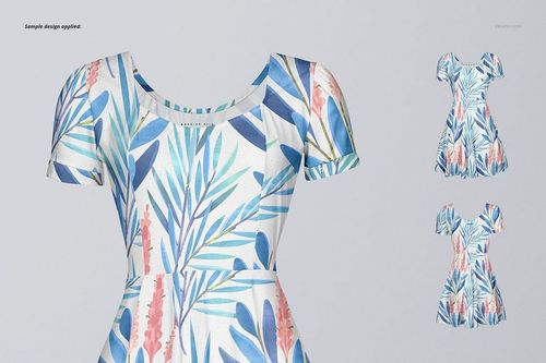 Front view of a wavy dress mockup with short sleeves, featuring a blue and pink leaf pattern on a white background.