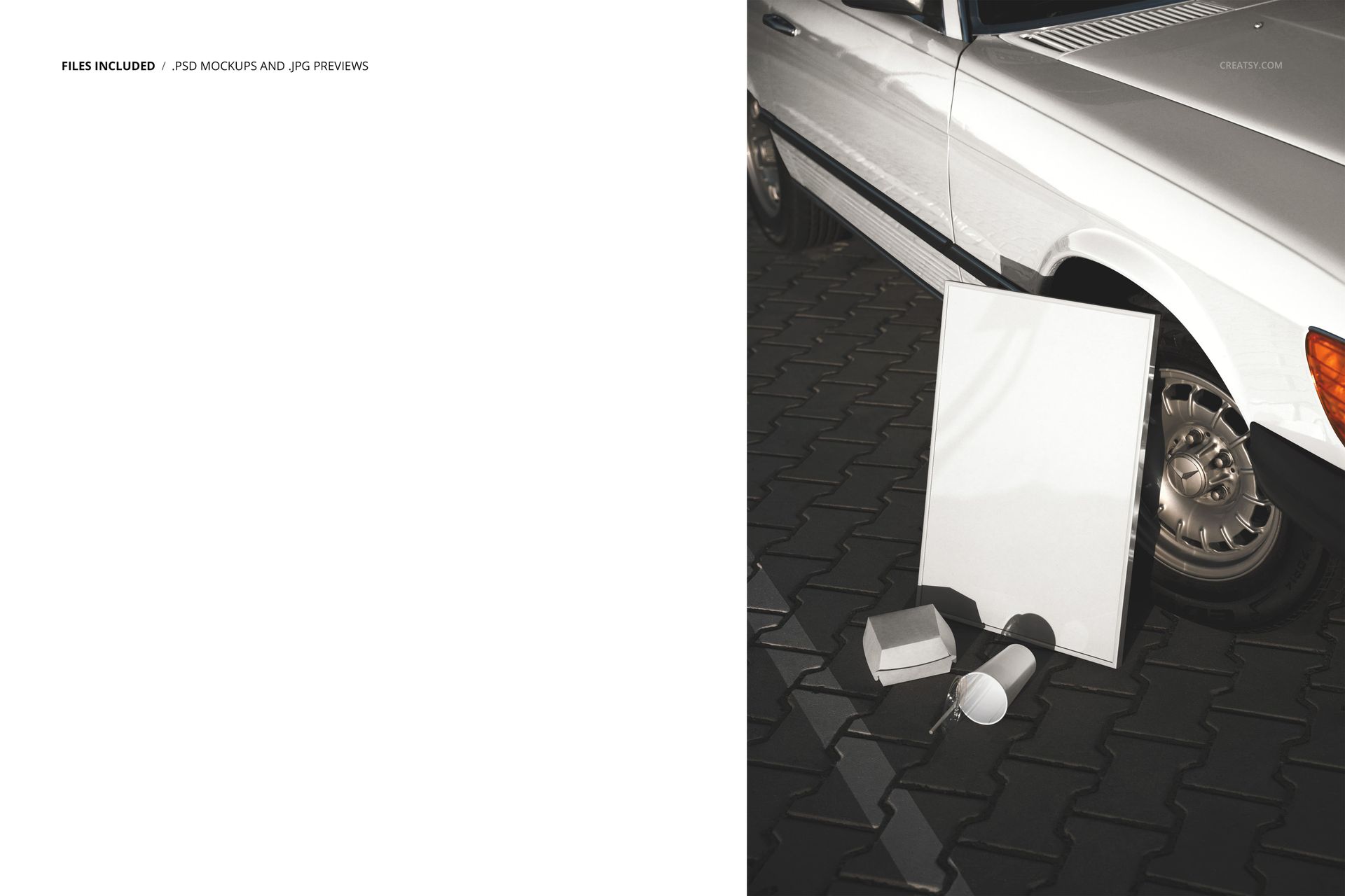 Front view of fast food packaging mockup with blank burger box, paper cup, and poster beside a white car on pavement.