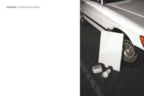 Front view of fast food packaging mockup with blank burger box, paper cup, and poster beside a white car on pavement.