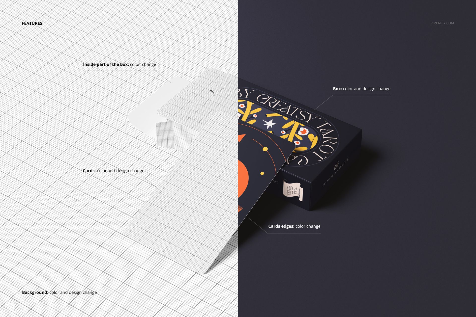 Top view of tarot cards and box mockup, split between grid overlay and dark background, showing editable design areas.