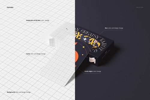 Top view of tarot cards and box mockup, split between grid overlay and dark background, showing editable design areas.