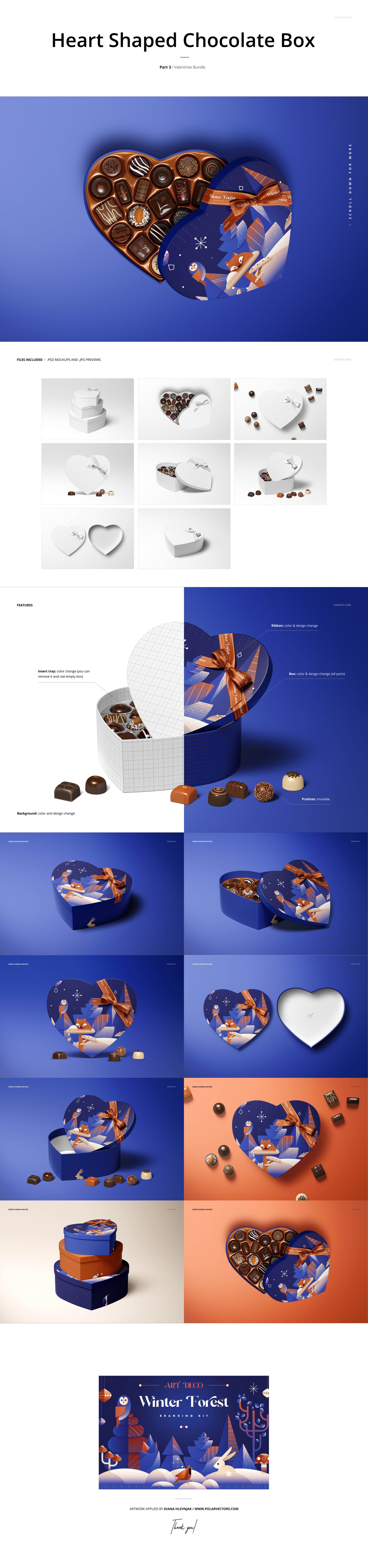 Heart-shaped chocolate box mockup with assorted chocolates, blue and orange decorative pattern, top and side views.