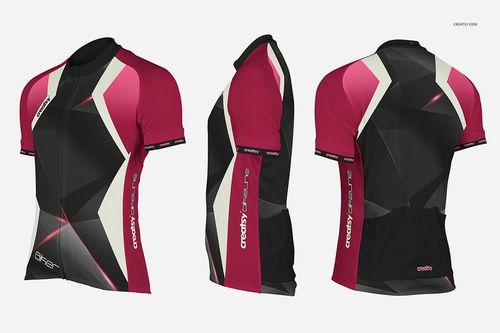 Bike jersey mockup featuring three views of a short-sleeve jersey with geometric black, burgundy, and white panels.