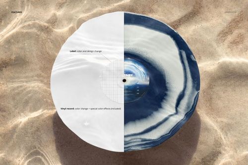 Top view of a vinyl record mockup lying underwater on a sandy bottom, with sunlight creating ripple patterns.