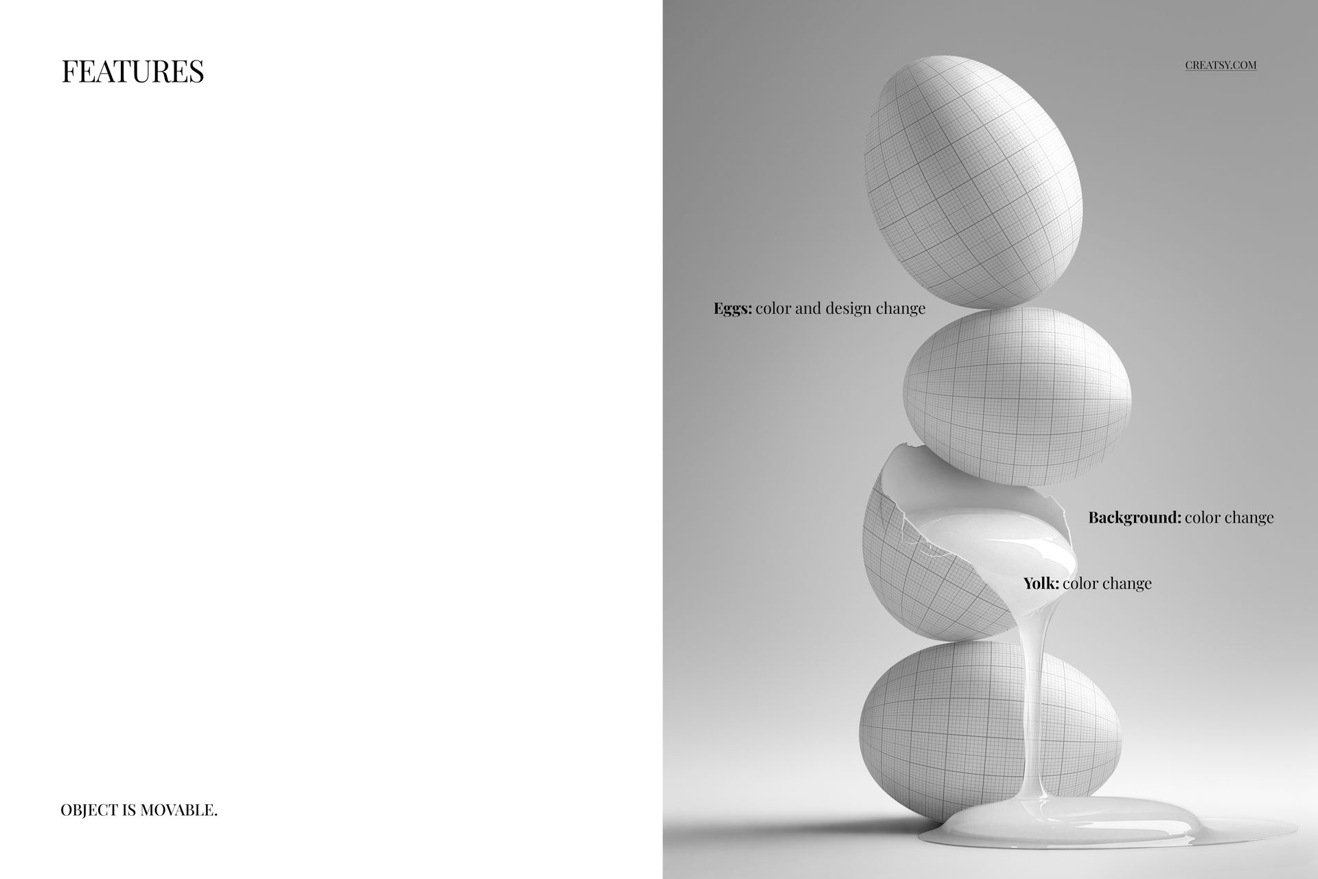 Stack of three grid-patterned Easter eggs balanced vertically with flowing yolk, shown in a PSD mockup on a gray background.