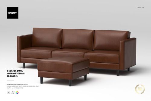 Three-seater sofa with matching ottoman in brown leather, shown from the front on a light background.