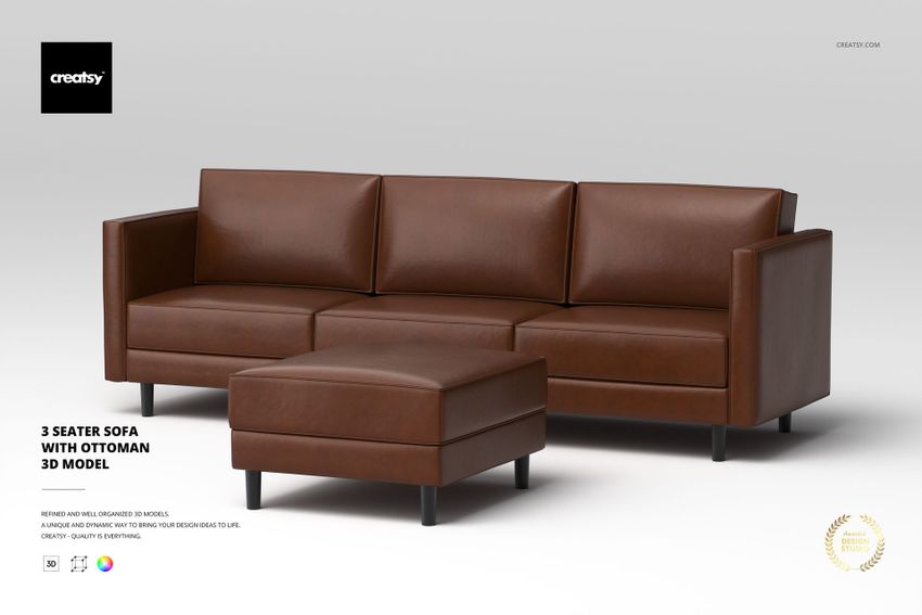 Three-seater sofa with matching ottoman in brown leather, shown from the front on a light background.