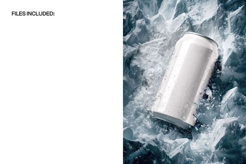 Silver beverage can mockup lying on icy frozen surface with ice shards and water droplets, front perspective.