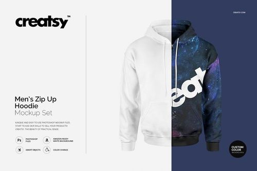 Front view of a men's zip up hoodie mockup, half in solid white and half with a blue and purple galaxy pattern and bold text.