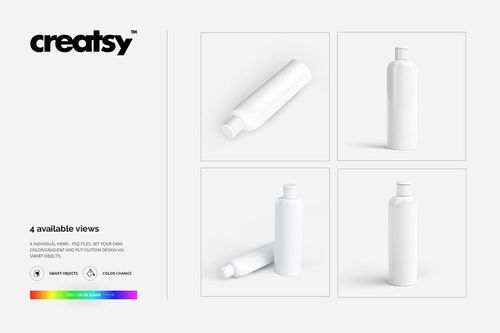 Set of four white shampoo bottles displayed in different angles on a plain background, showcasing packaging mockup.