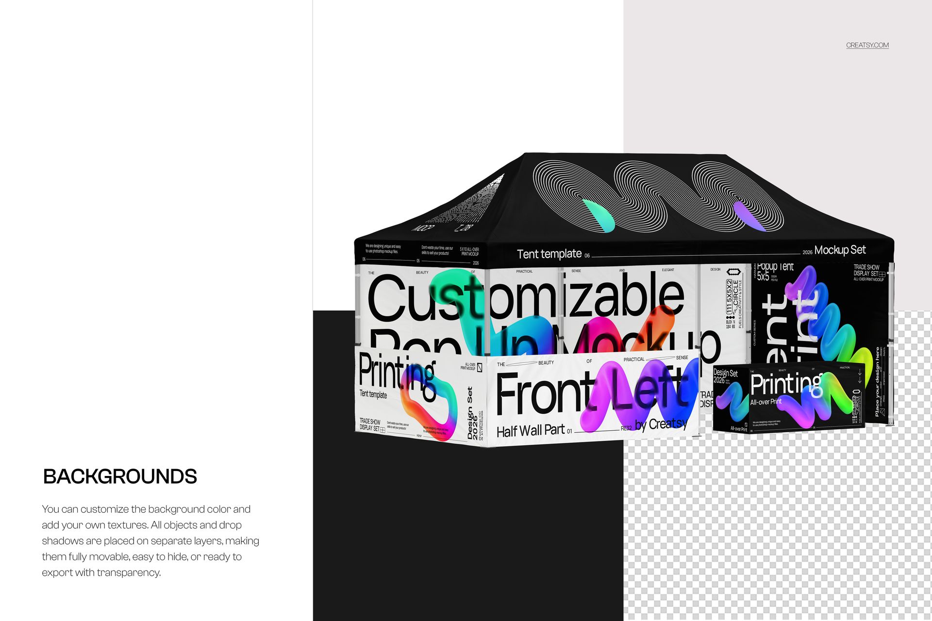 10x20 pop-up tent mockup with customizable panels, black roof, and colorful abstract graphics, front view.