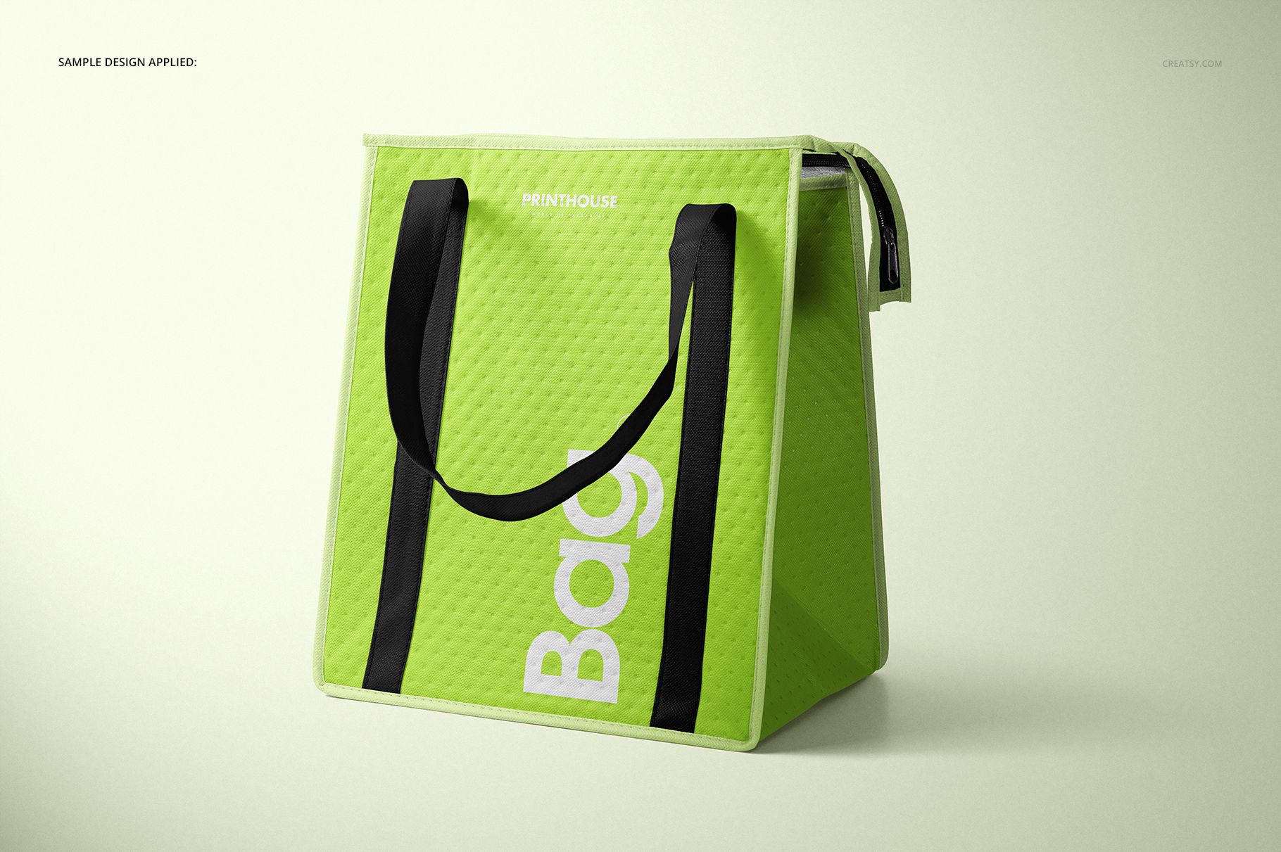 Therm-O-Tote insulated cooler bag mockup in bright green with black straps and bold white lettering on the front.