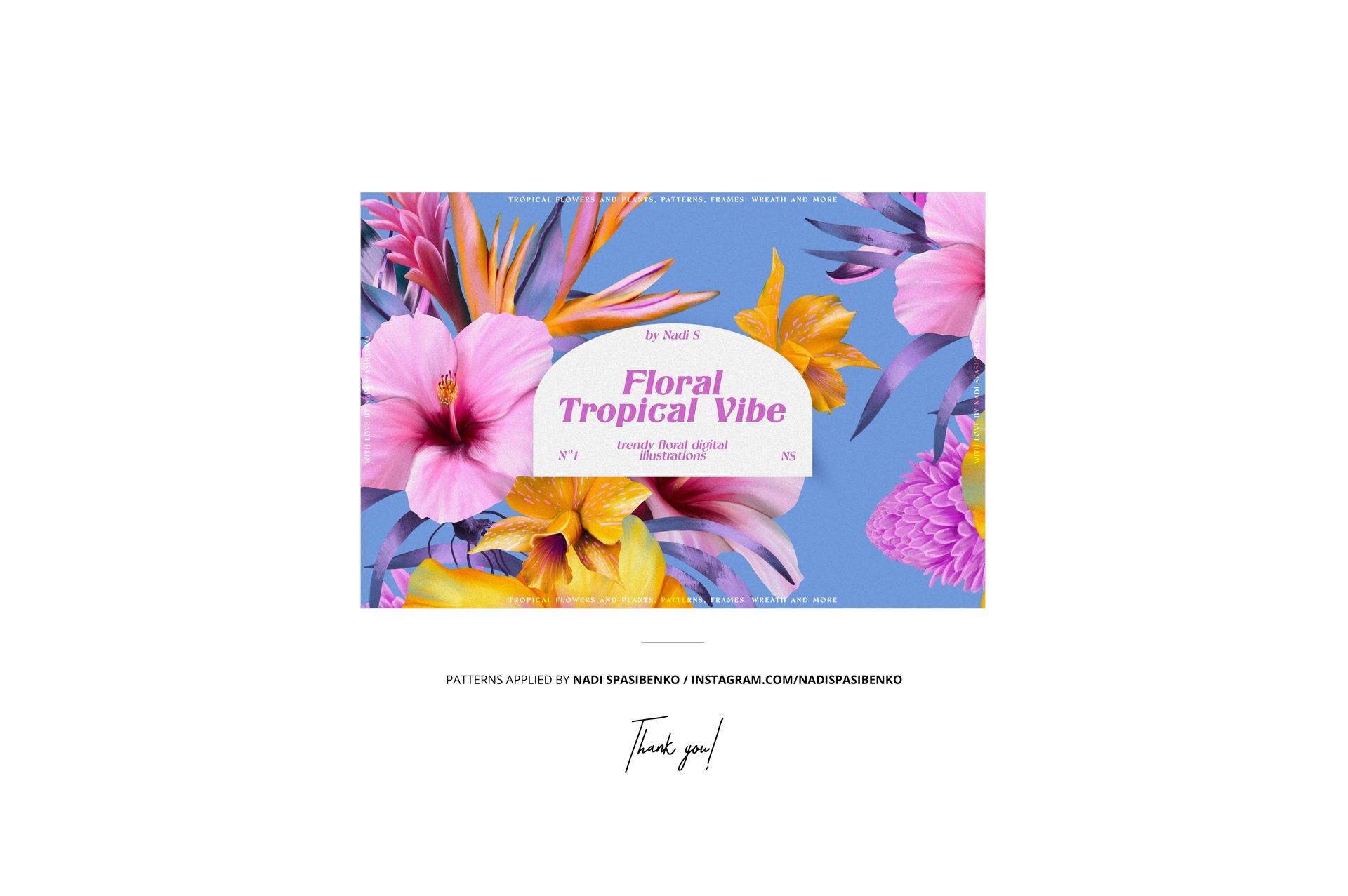 Front view of fabric bolts mockup featuring vibrant tropical floral patterns on a blue background with pink flowers.