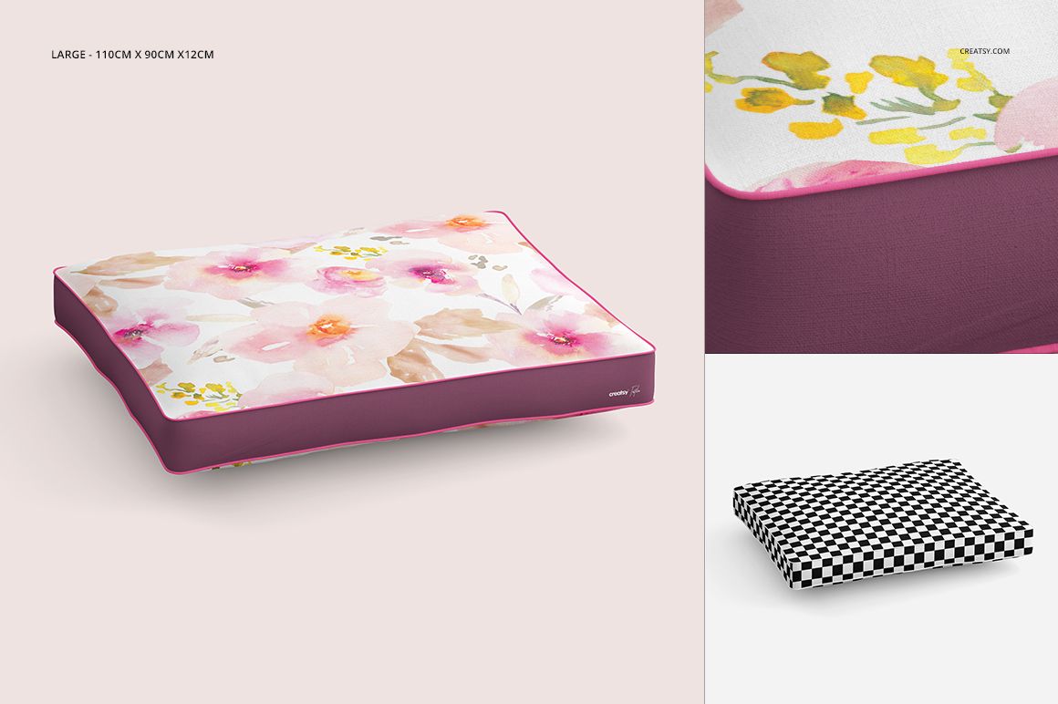 Rectangle pillow mockup showing a large pillow with pink sides and a top floral pattern, displayed from an angled view.