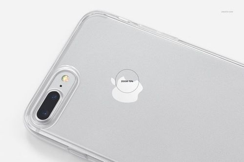 iPhone 7 Plus with transparent case displayed in a detailed PSD mockup, focusing on the rear camera and logo.