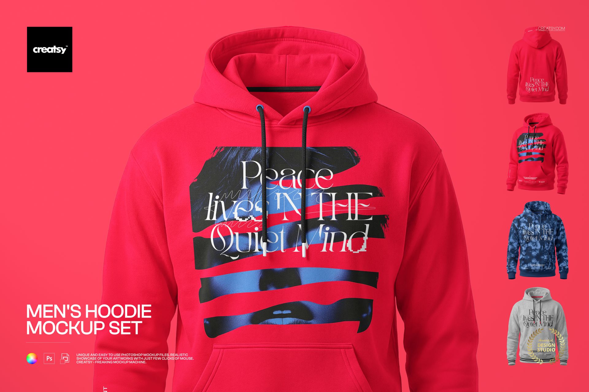 Front view of a men's hoodie mockup set with a bold red hoodie featuring abstract graphic and text design.