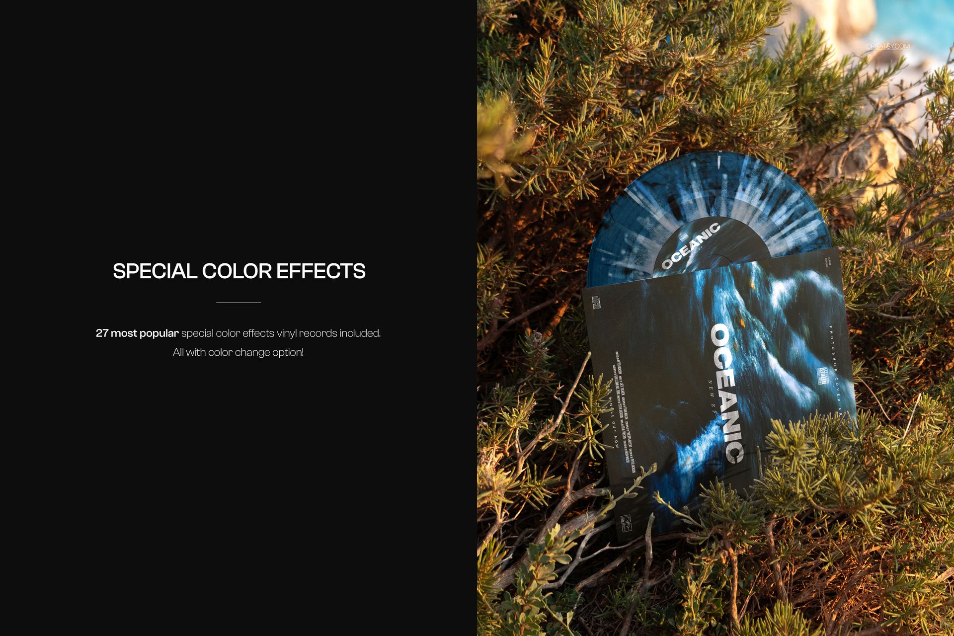PSD mockup of a translucent colored vinyl record with a coastal landscape design, displayed outdoors in bushes.