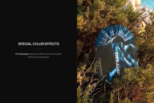 PSD mockup of a translucent colored vinyl record with a coastal landscape design, displayed outdoors in bushes.
