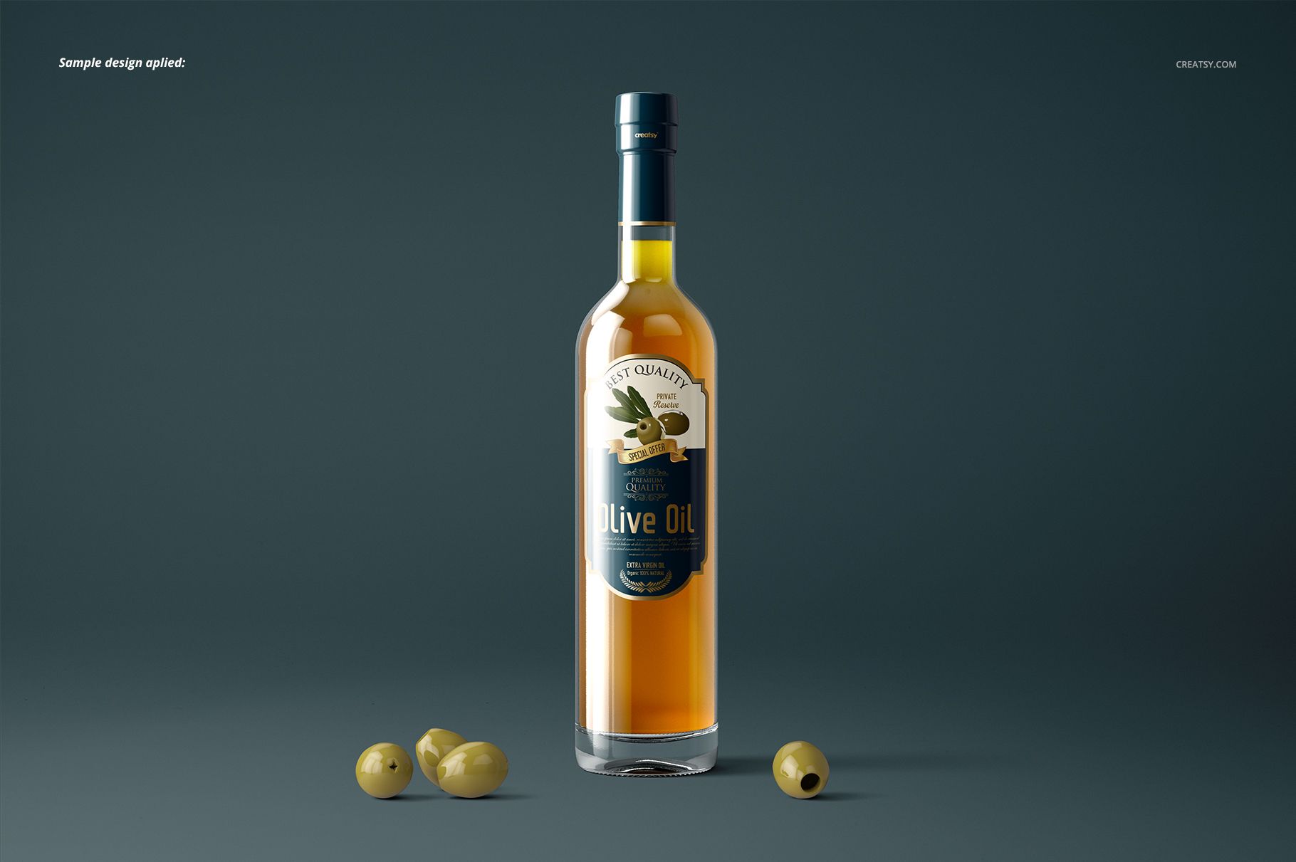 Front view of a clear olive oil bottle mockup with gold liquid and a decorative label, olives placed nearby.