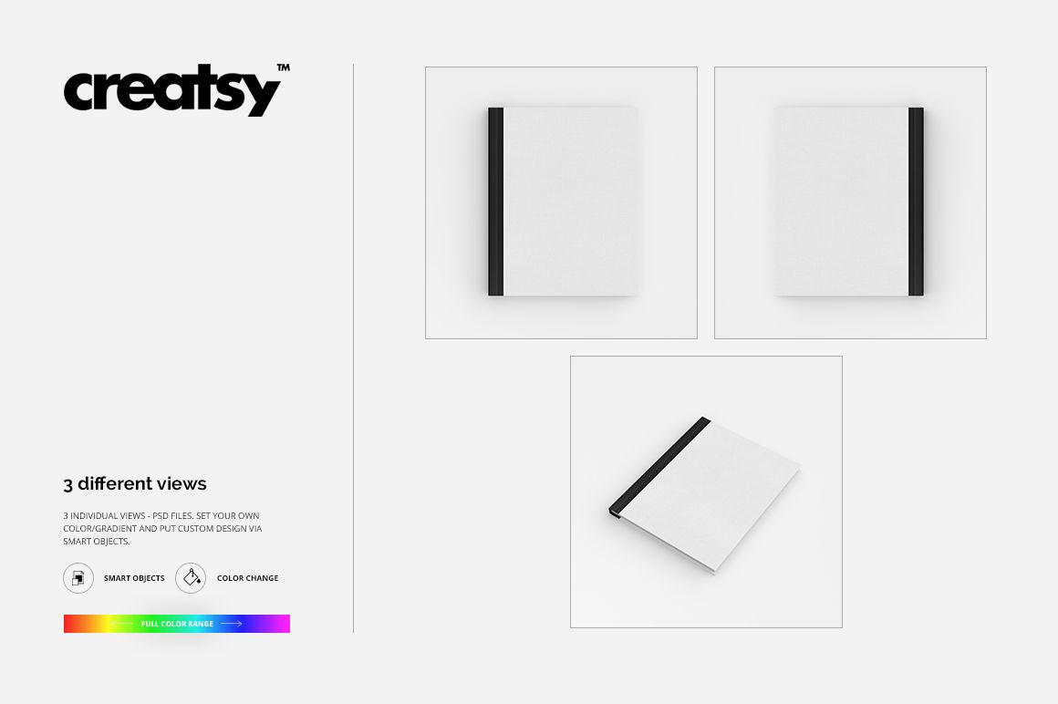 Fabric notebook mockup set showing three views of a square white notebook with black spine on a plain background.