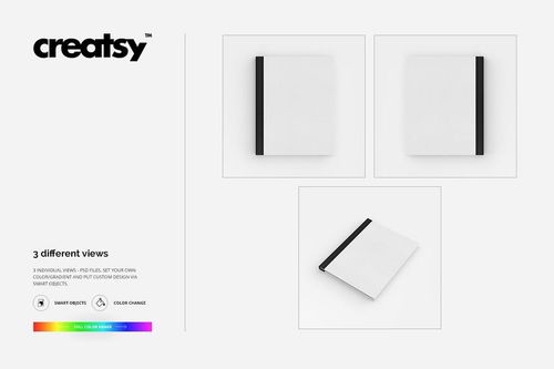 Fabric notebook mockup set showing three views of a square white notebook with black spine on a plain background.