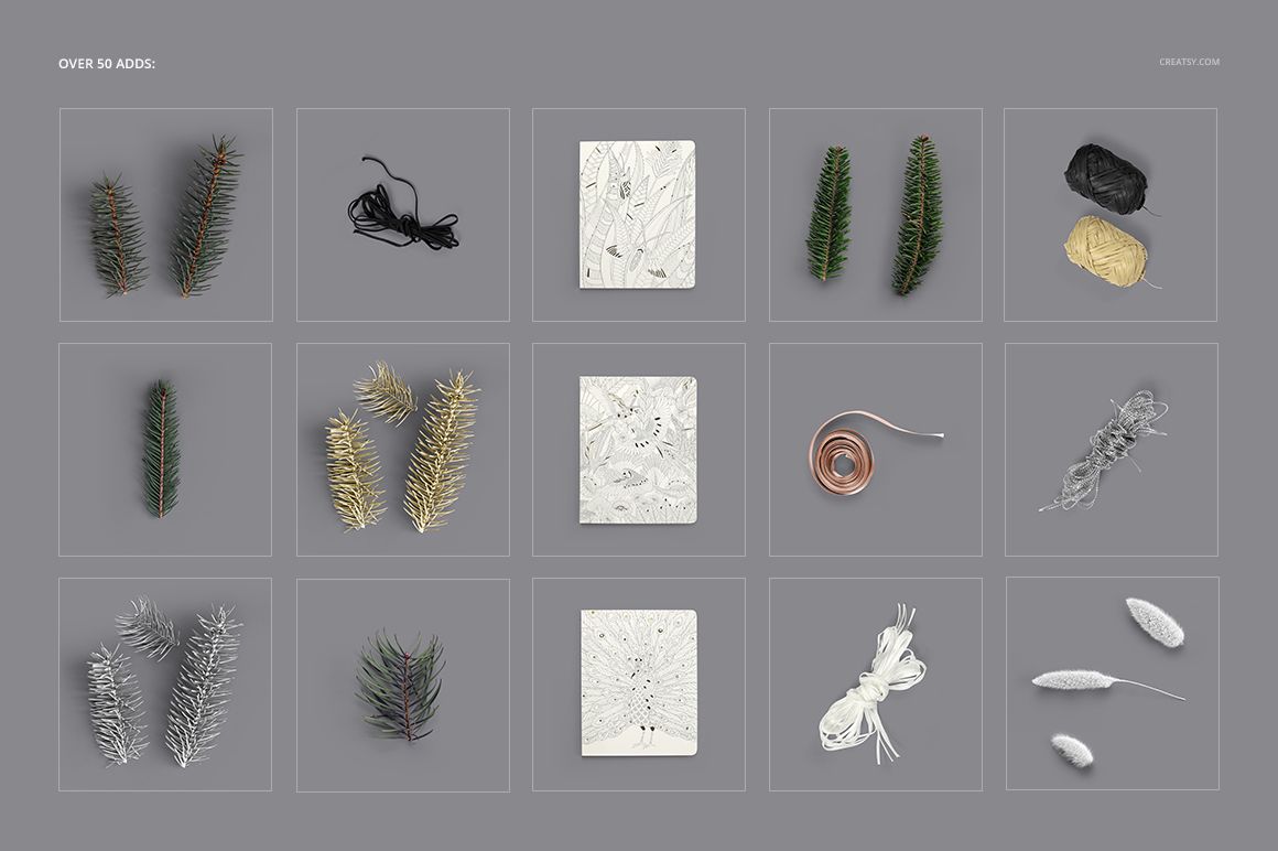 Grid layout displaying various wrapping tissue paper mockup props including pine branches, cords, and illustrated sheets.