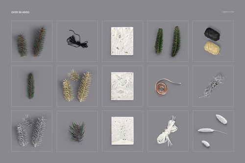 Grid layout displaying various wrapping tissue paper mockup props including pine branches, cords, and illustrated sheets.