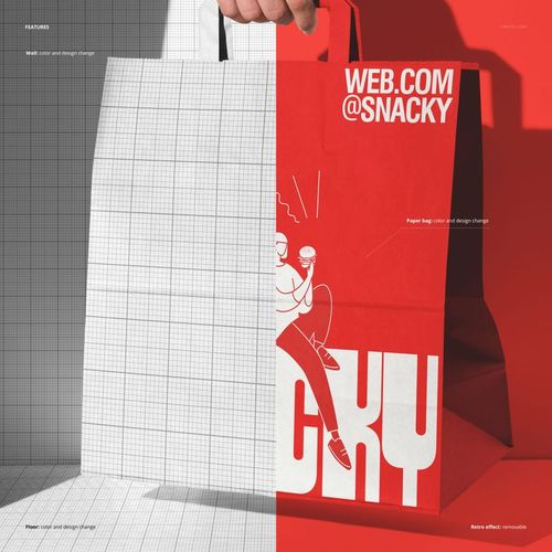 Front view of a handheld paper take-out bag mockup, split between blank grid pattern and red design with white graphics.