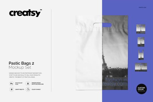 Front view of a plastic bag mockup with a handle cutout, featuring a grayscale cityscape design and blue accent.
