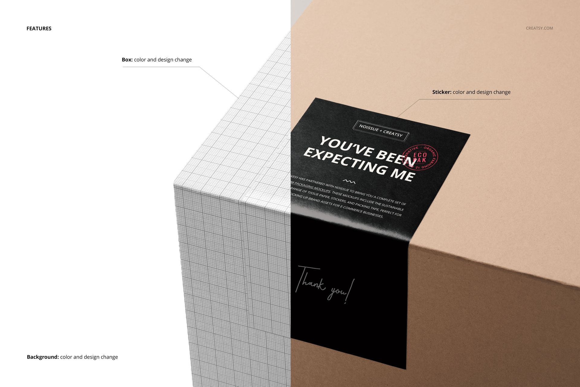 Rectangular packaging box mockup shown in closeup, with half in grid texture and half in brown, topped with a black sticker.