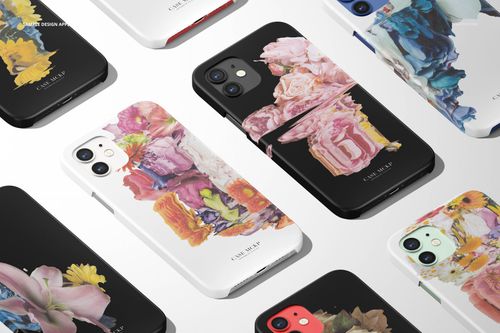 PSD mockup of iPhone 12 matte snap cases, each decorated with unique pastel and vivid floral illustrations, flat lay style.