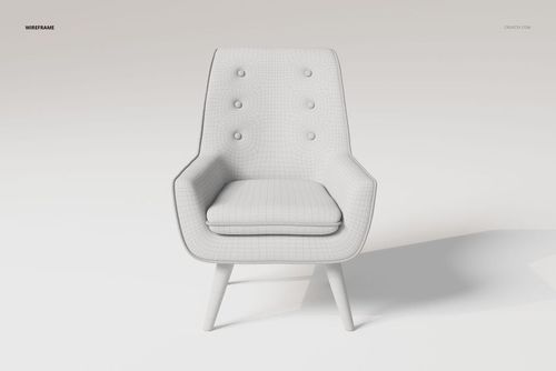 Front view of a corner chair 3D model with wooden legs, white upholstery, and button details on the backrest.