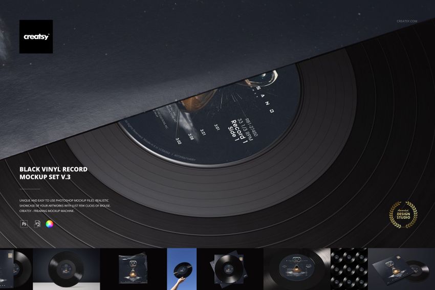 Top view of a black vinyl record mockup set with a visible label and sleeve, placed on a dark surface.