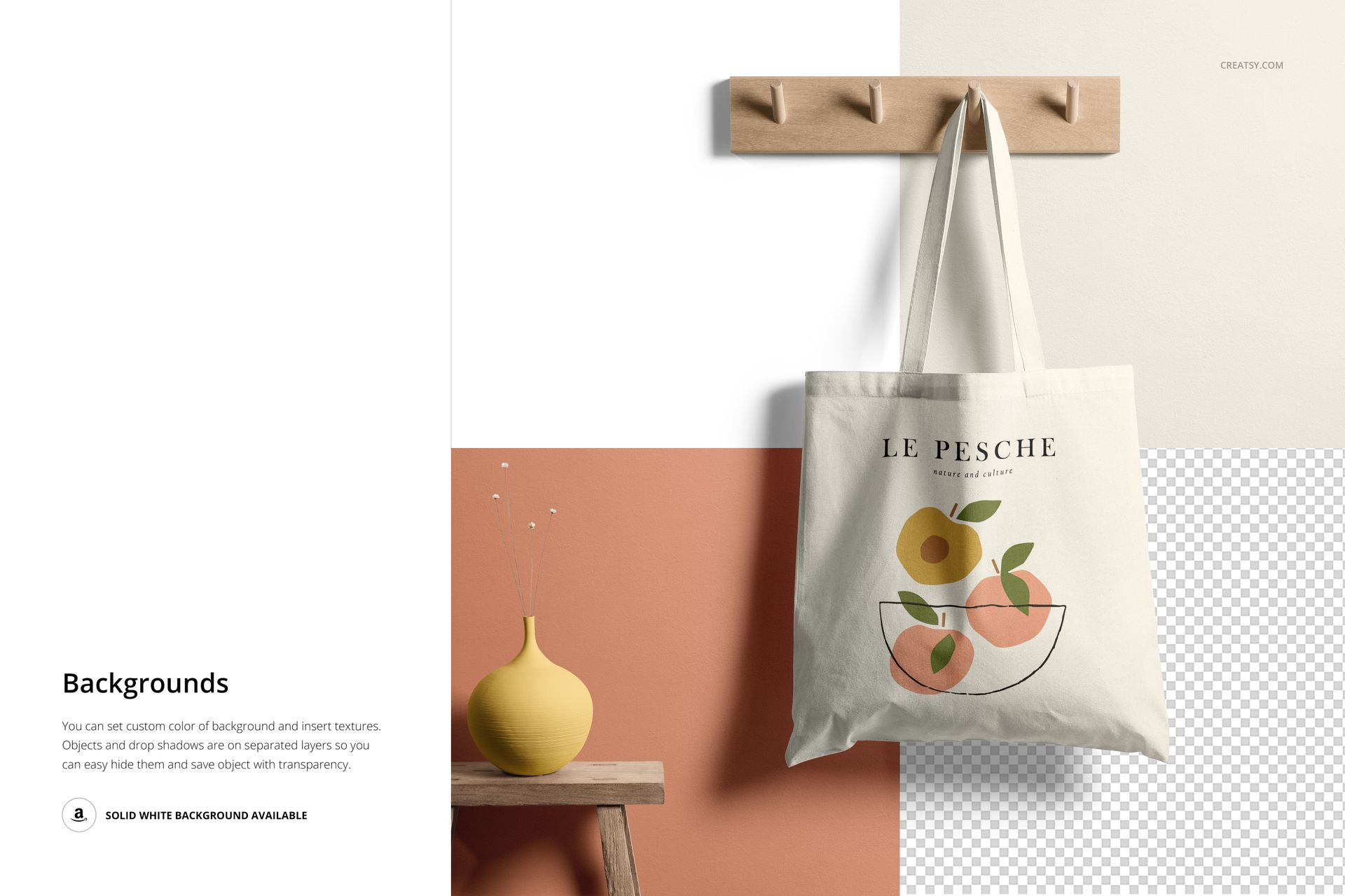 Front view of a tote bag mockup hanging on a wooden wall hook, featuring a minimalist fruit design and neutral background.