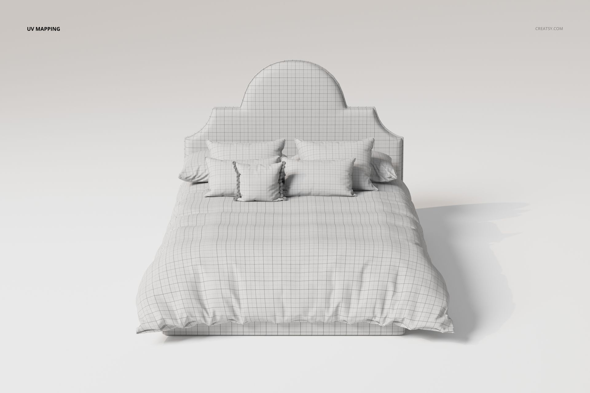 Front view of a bed with an arched upholstered headboard, grid texture applied, and four pillows on a plain background.