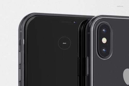PSD mockup featuring two iPhone XS models with clear cases, displaying both screen and camera side in a minimal scene.