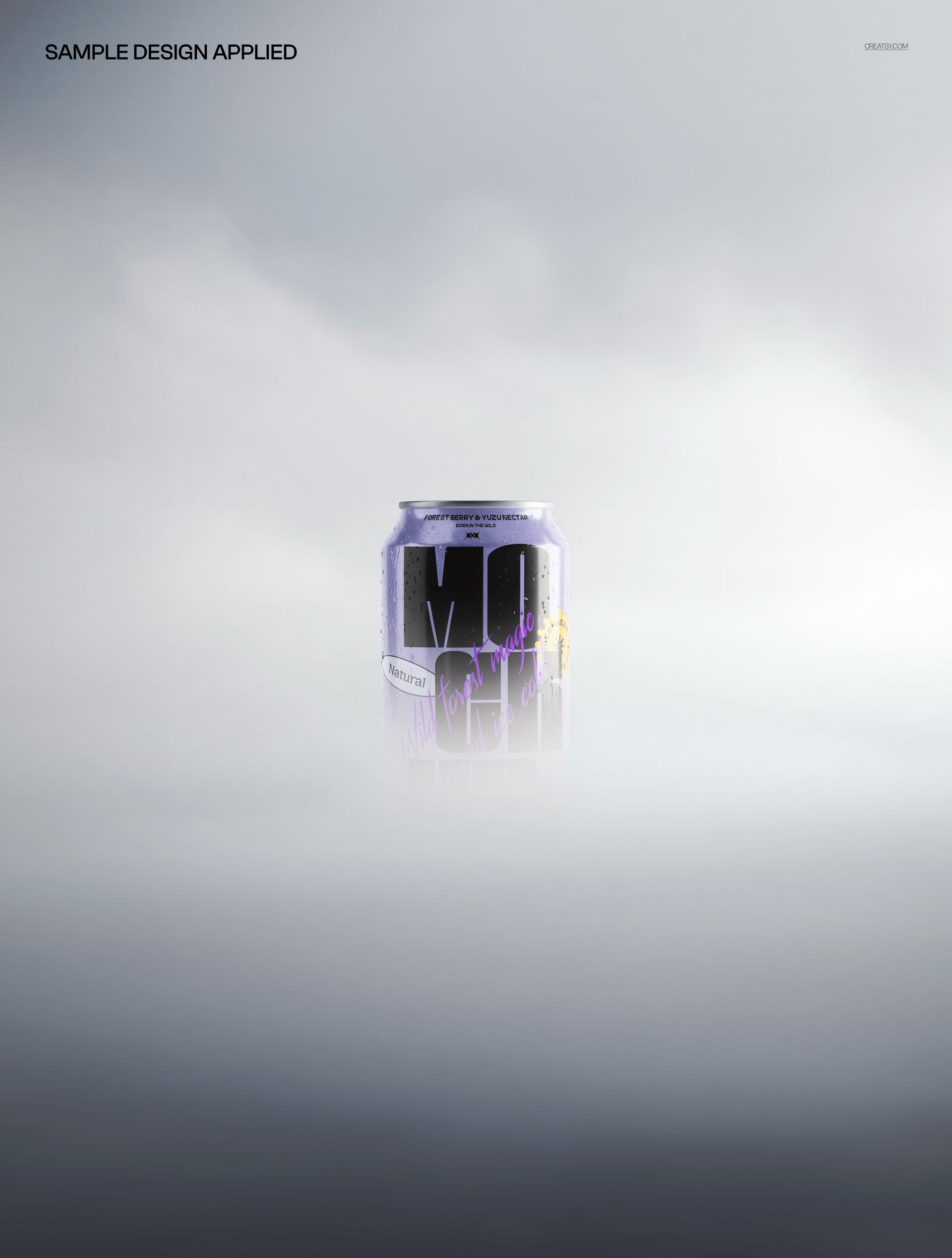 Soda can mockup with a modern graphic pattern, front perspective, placed in a soft foggy environment.
