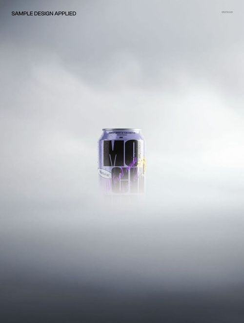 Soda can mockup with a modern graphic pattern, front perspective, placed in a soft foggy environment.