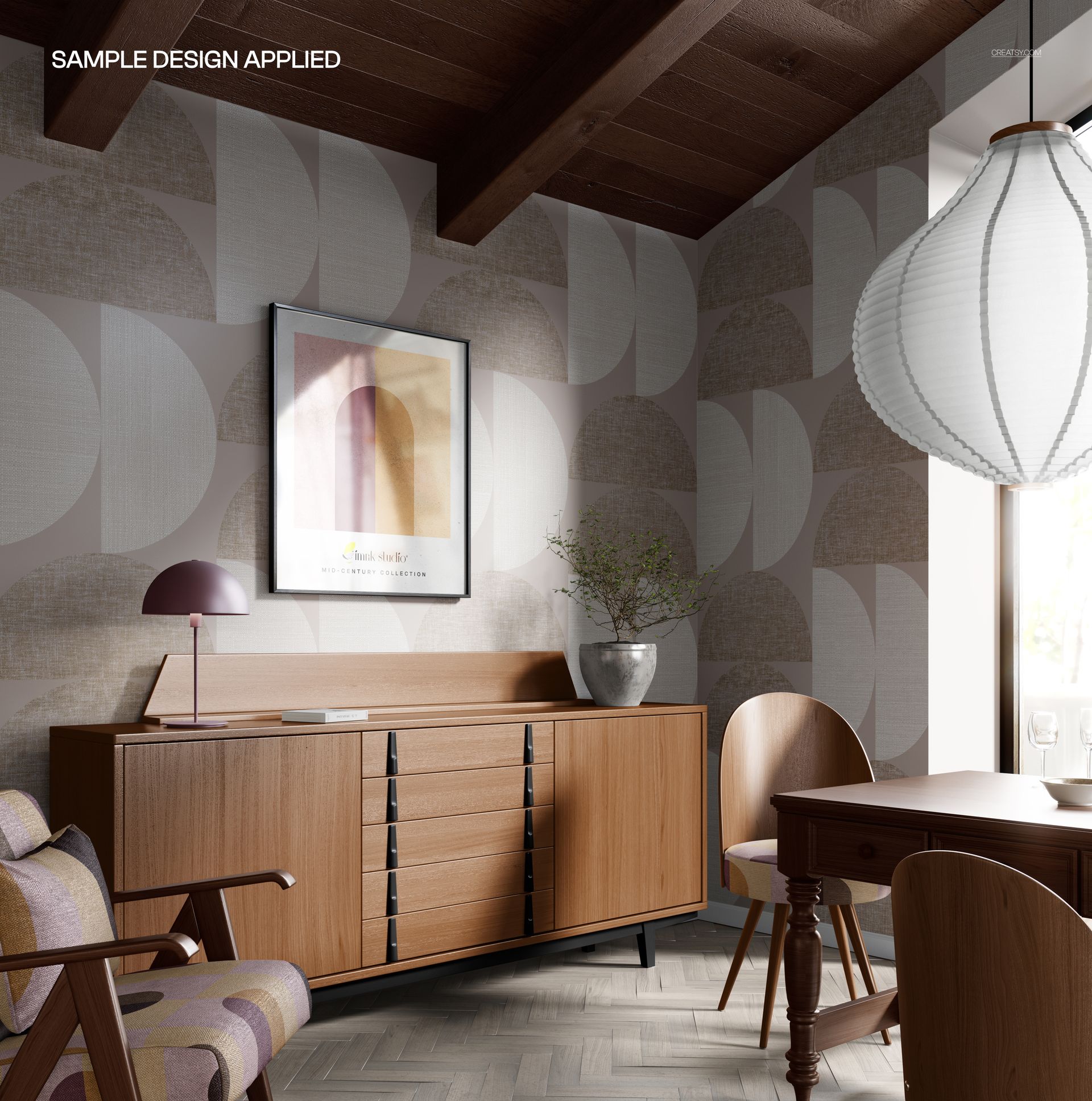 Modern dining area featuring a PSD mockup of retro wallpaper, wood sideboard, and minimalist decor elements.